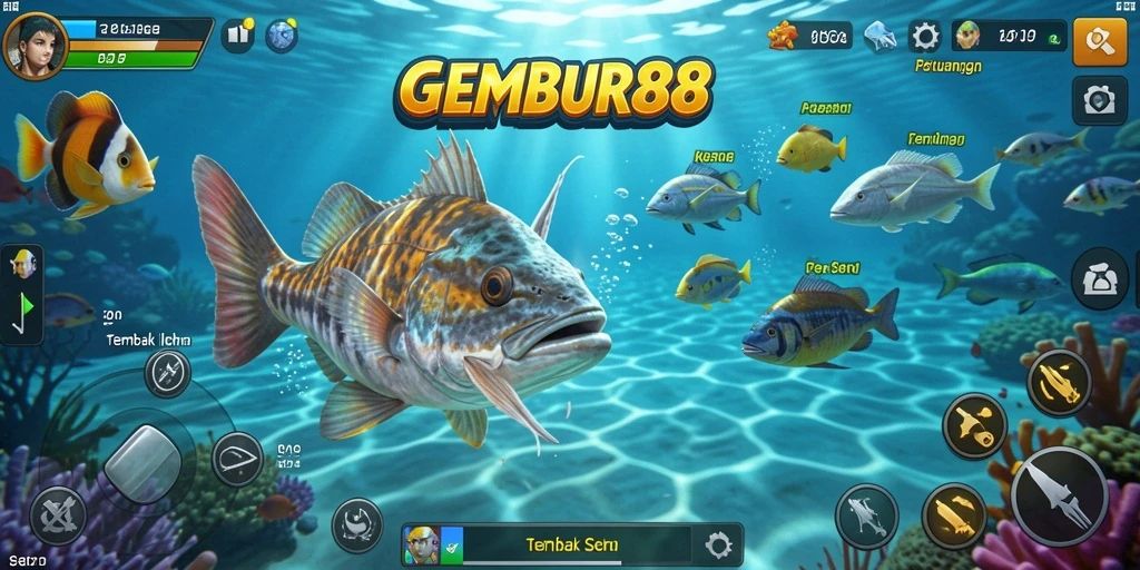 Screenshot gameplay GEMBUR88 menunjukkan aksi seru menembak ikan.