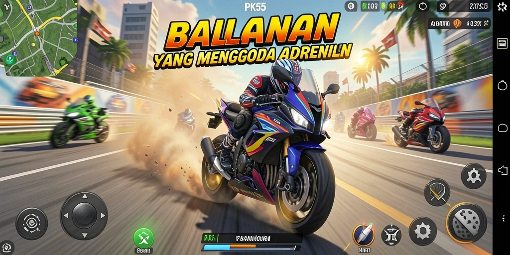 Screenshot gameplay PK55 menunjukkan balapan seru di trek yang menantang.