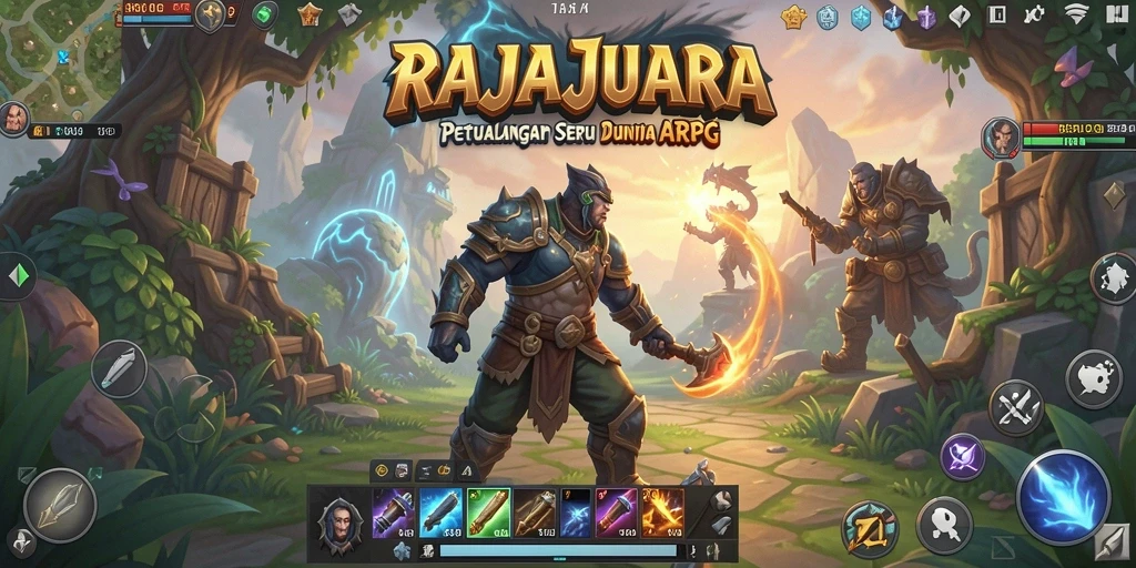 Tangkapan layar gameplay epik <strong>RAJAJUARA</strong> menunjukkan pertarungan seru di dunia fantasi.
