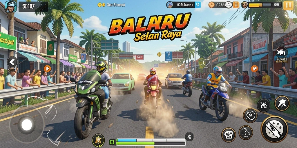 Screenshot gameplay SD107 menampilkan aksi balapan yang mendebarkan dan grafis menawan.